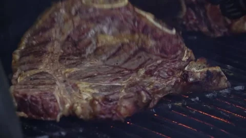 Beef steaks on the grill with flames Video stock 250157941