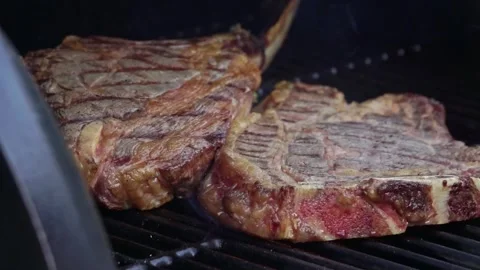 Beef steaks on the grill with flames Video stock 250157980