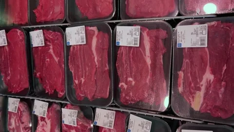 Beef steaks packed in vacuum packed trays for sale Stock Footage 284173327