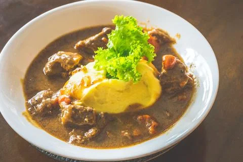 Beef stew Beef cube cooked overnight in Guinness, red wine, barley and herb.. Stock Photos