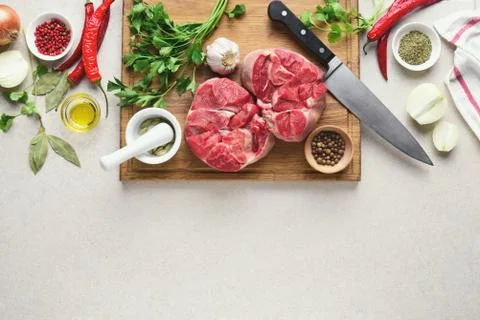 Beef stew ingredients on a kitchen table, culinary backround Stock Photos