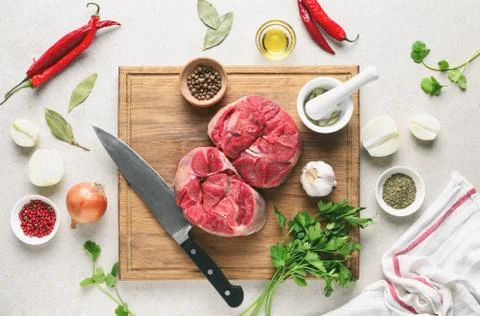 Beef stew ingredients on a kitchen table, culinary backround Stock Photos