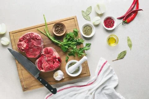 Beef stew ingredients on a kitchen table, culinary backround Stock Photos