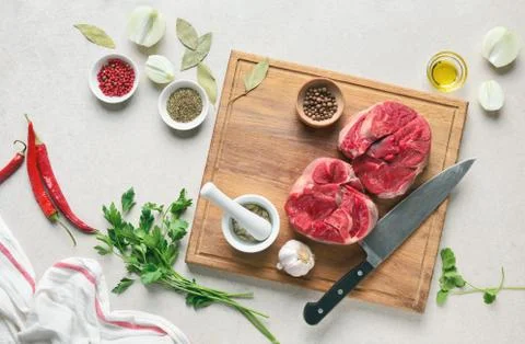 Beef stew ingredients on a kitchen table, culinary backround Stock Photos