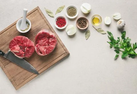 Beef stew ingredients on a kitchen table, culinary backround Stock Photos