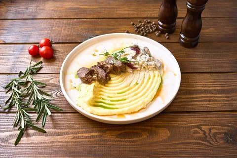 Beef Stew with Mashed Potatoes and Creamy Sauce Stock Photos