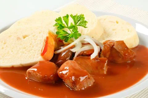 Beef stew with mashed potatoes and bread Stock Photos