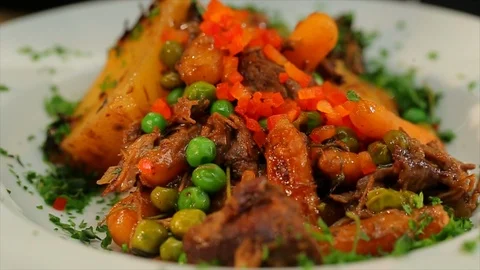 Beef stew. Static shot of hot food on plate Stock Footage 102135276