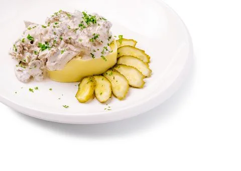 Beef stroganoff with mashed potato and pickles Stock Photos