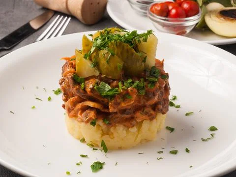 Beef stroganoff with mashed potatoes and pickles on a white plate Stock Photos