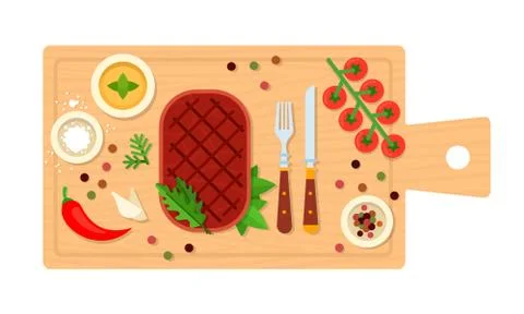 Beefsteak with cutlery on a board vector flat isolated Stock Illustration