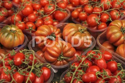 Beefsteak Tomatoes And Cherry Tomatoes In Plastic Containers At The Market