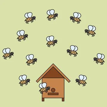 Beehive with bees in cartoon style. Vector illustration isolated on light gre Stock Illustration