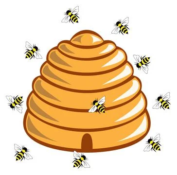 Beehive with flying bee as vector. White Back. Stock Illustration
