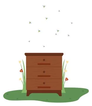 Beehive with Flying Bees Grass with Flowers Vector Illustration