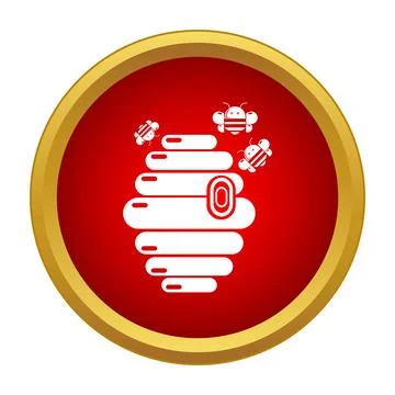 Beehive with flying bees in red circular icon Ilustração Stock