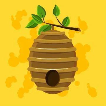 Beehive hanging from a tree branch with leaves illustration - Vector Stock Illustration