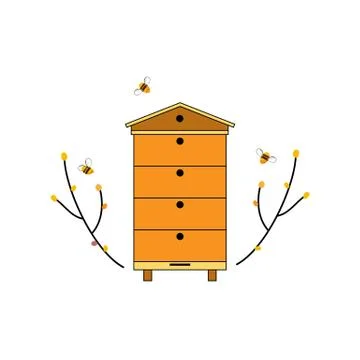 Beehive icon with bees and tree branches. Forest bee farm concept. Logo or Stock Illustration