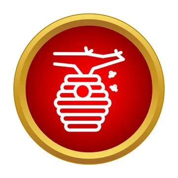 Beehive icon with bees flying around red Stock Illustration