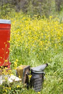 A beehive man-made structure to house a honey bee nest in Greek fields Stock Photos