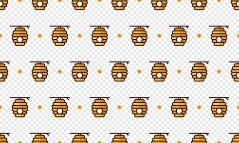 Beehive pattern with cartoon beehive. Seamless beehive background. Summer a.. Ilustración de archivo
