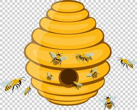 A beehive structure swarming with animated bees entering and exiting. Black.. Ilustración de archivo