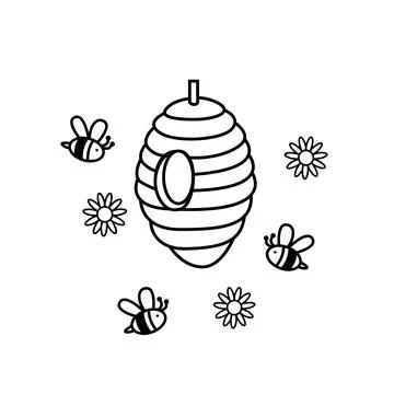 Beehive vector illustration with flying bee and flowers Stock Illustration