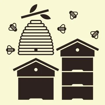 Beehives and bees Stock Illustration