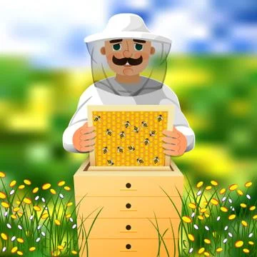 Beekeeper on apiary. A man in a white beekeeper suit works near a beehive. Sunny Stock Illustration