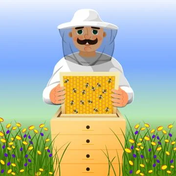 Beekeeper on apiary. A man in a white beekeeper suit works near a beehive. Sunny Illustrazione stock