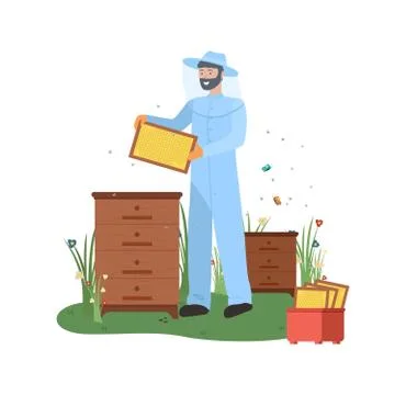 Beekeeper with Bess Colony and Box Apiarist Vector Stock Illustration