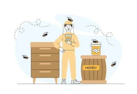 Beekeeper boy concept. Young guy in protective suit in apiary. Person in bee Stock Illustration