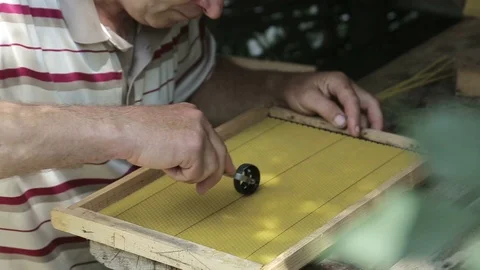 Beekeeper hands with scraper cleaning and repairing bee hive frames after winter Video stock 94277930