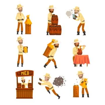 Beekeeper man at work, apiarist harvesting, selling honey, caring for bees Stock Illustration