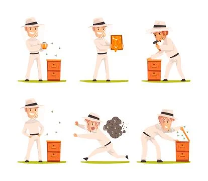 Beekeeper or Apiarist with Beehive and Brood Frame Honey Harvesting Vector Set イラスト素材