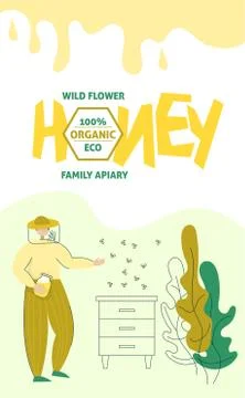 Beekeeper in a protective suit stand with a jar of honey. Honey organic business Stock Illustration