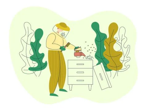 Beekeeper in a protective suit working on apiary hive with brush and smoker.  Stock Illustration