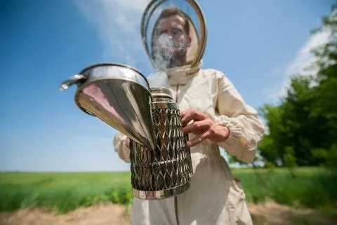 Beekeeper with smoke tool. making clouds Fotos Stock