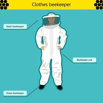 Beekeeper. Standing in the beekeeping suit and the grid on the face on a blue Stock Illustration