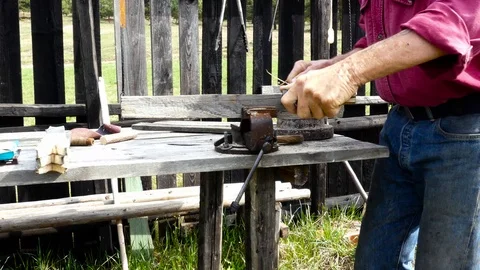 Beekeeper working with traditional carpentry hand tools Stock Footage 88489776