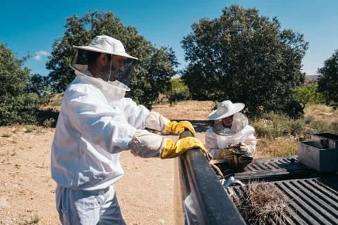 Beekeepers preparing material to go collect honey from the honeycombs Stock Photos