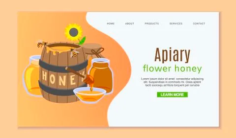Beekeeping and honey web template with honey barrel, sun flower and bees. Layout Stock Illustration