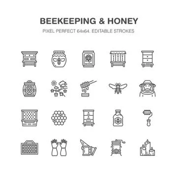 Beekeeping, apiculture flat line icons. Beekeeper equipment, honey processing Illustrazione stock