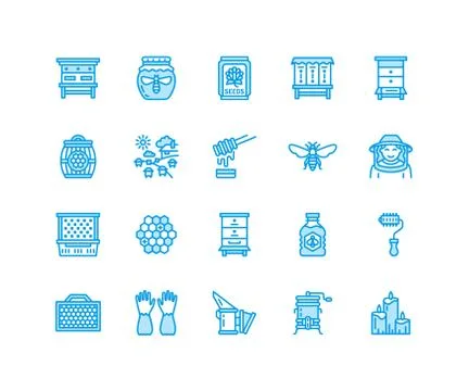 Beekeeping, apiculture flat line icons. Beekeeper equipment, honey processing Illustrazione stock