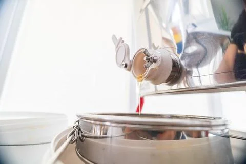 Beekeeping Bee Honey Trickleling Down the Barrel After Extraction Stock Photos