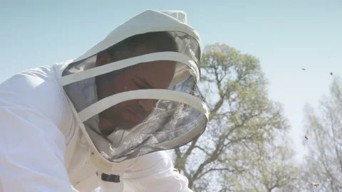 BEEKEEPING - Beekeeper face with smock during inspection, slow motion Stock Footage 155489134