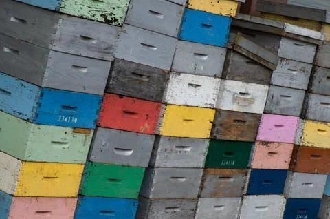 Beekeeping boxes stacked and ready to be transported 스톡 사진