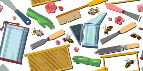 Beekeeping equipment. Horizontal seamless pattern. Honey extractor and smoker Stock Illustration