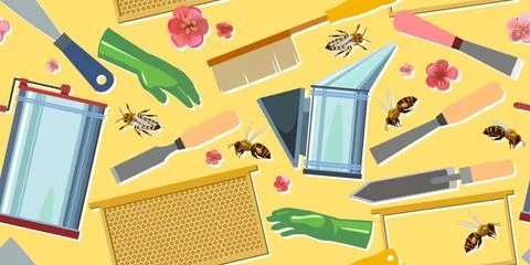 Beekeeping equipment. Horizontal seamless pattern. Honey extractor and smoker Stock Illustration