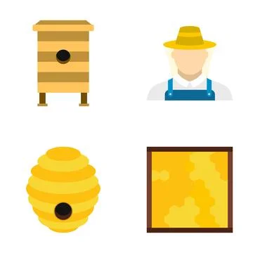 Beekeeping process icons displaying honeycomb, beehive, and beekeeper 库存插图